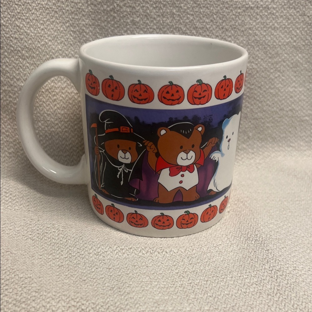 Vintage Halloween Bear Ceramic Mug with Pumpkin Jack o lanterns -Cute Ghost Witc